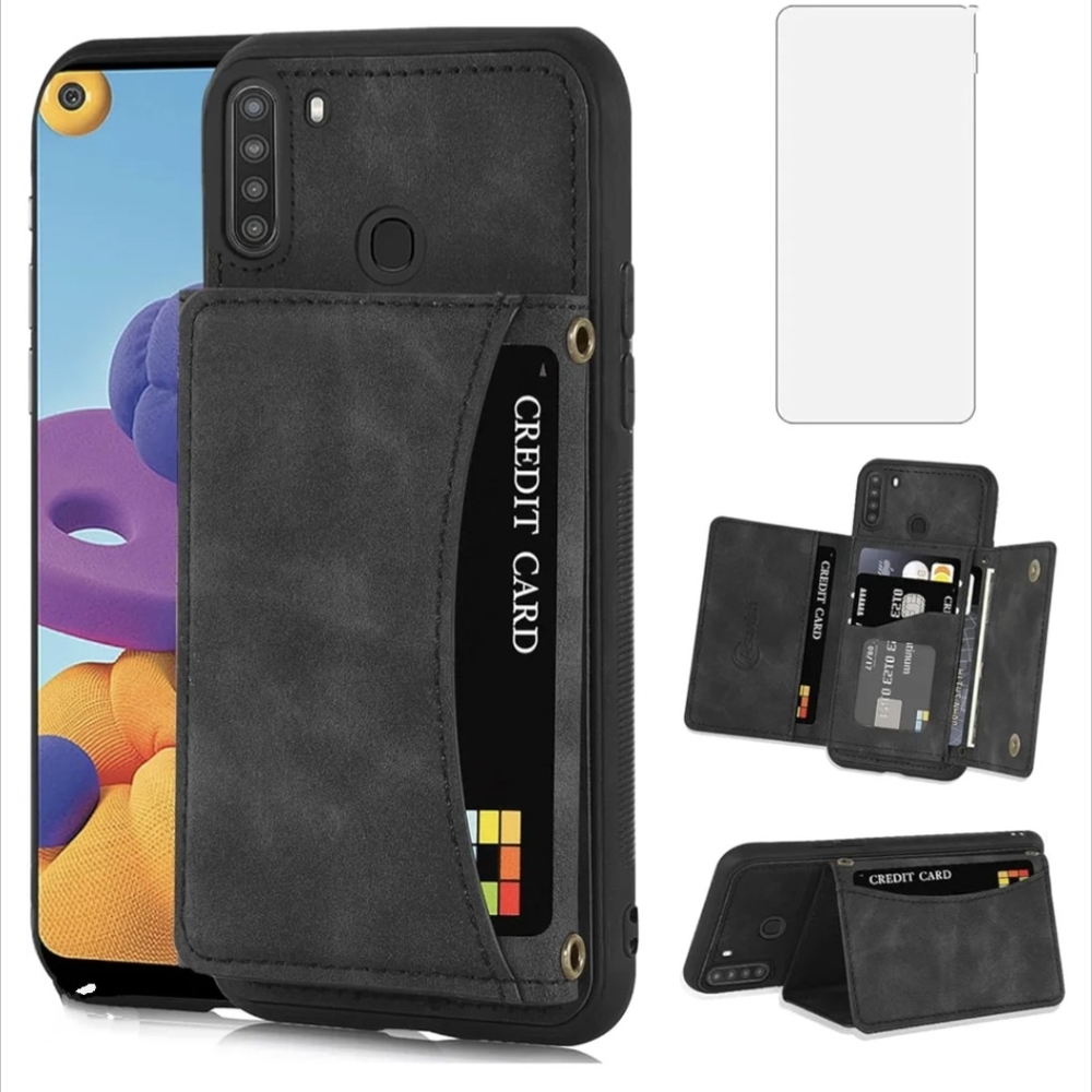 Phone Case for Samsung Galaxy A21 Wallet Cover w/ Tempered Glass